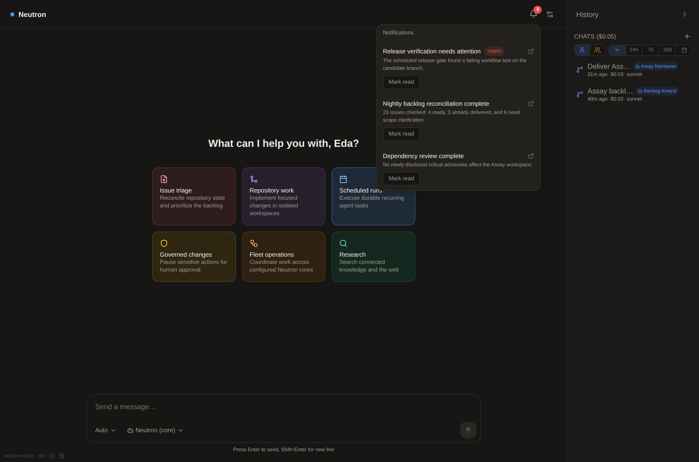 Neutron inbox with scheduled run results and priority states