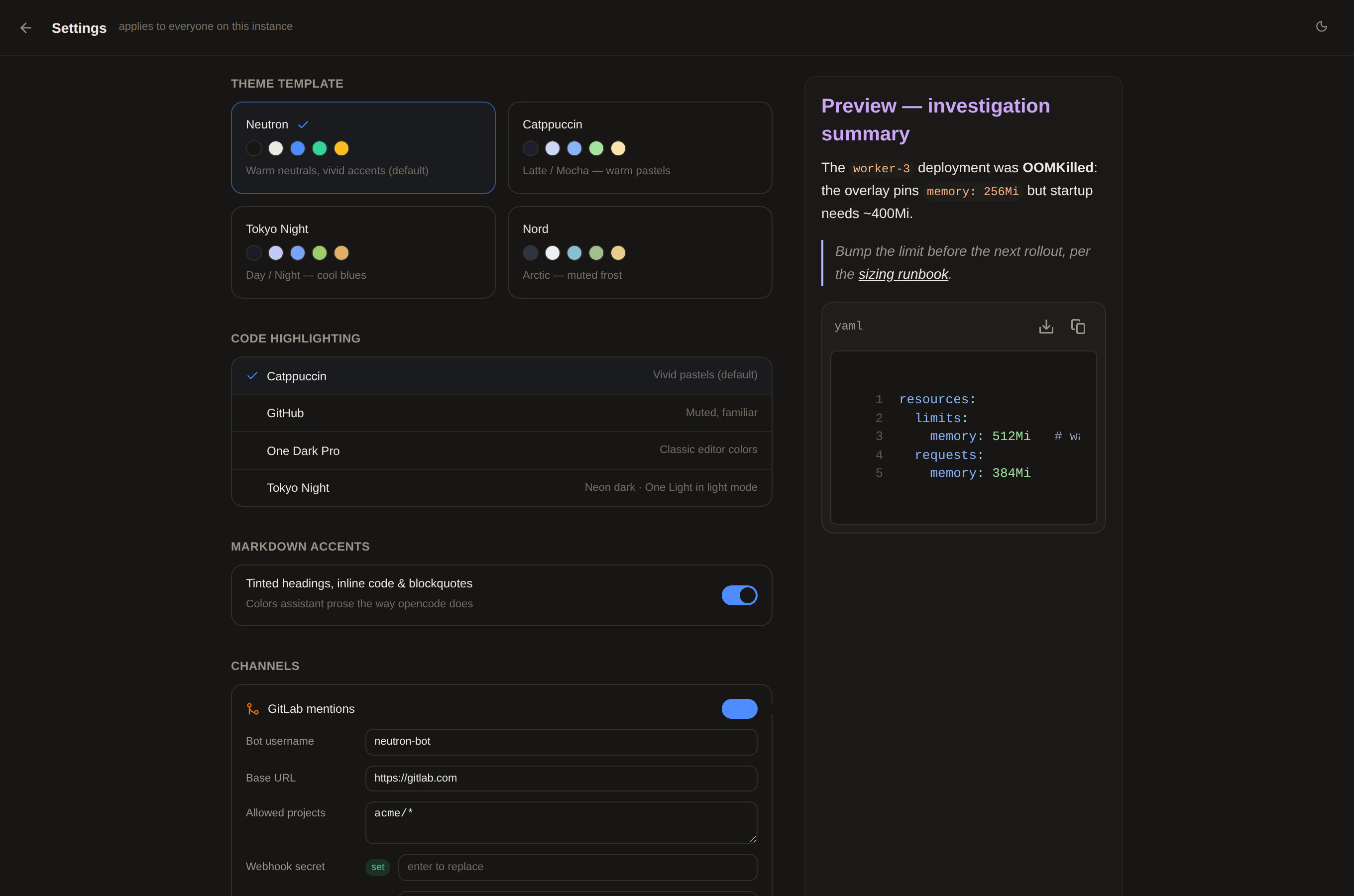 Channels settings page